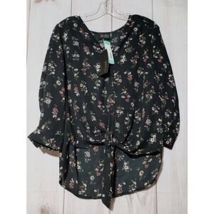Vixbe Shirt Ladies Medium Black Floral Asymmetrical Callee Tie‎ Front Adjustable